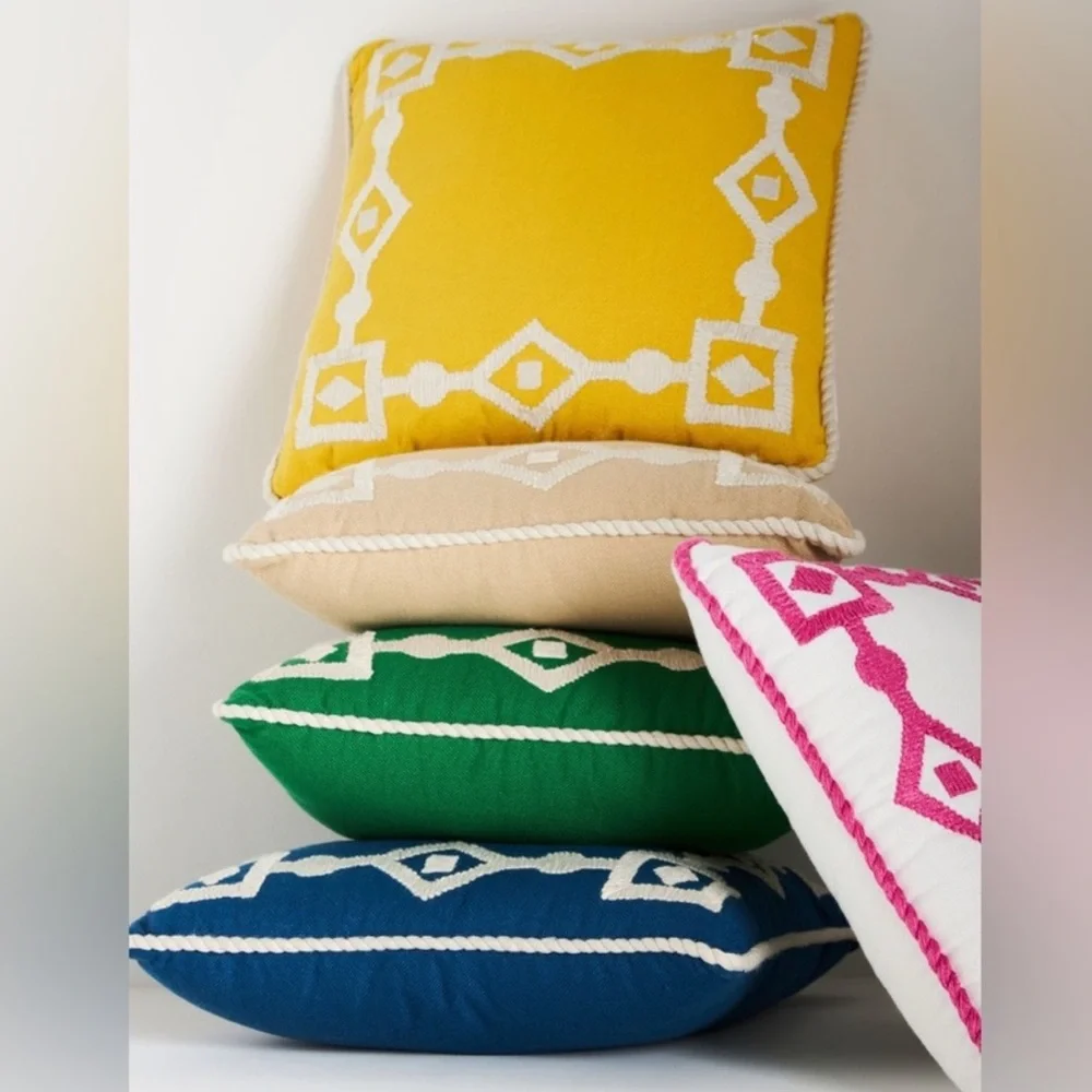 Anthropologie Greek Key Embroidered Indoor/ Outdoor Pillow, Yellow NWT